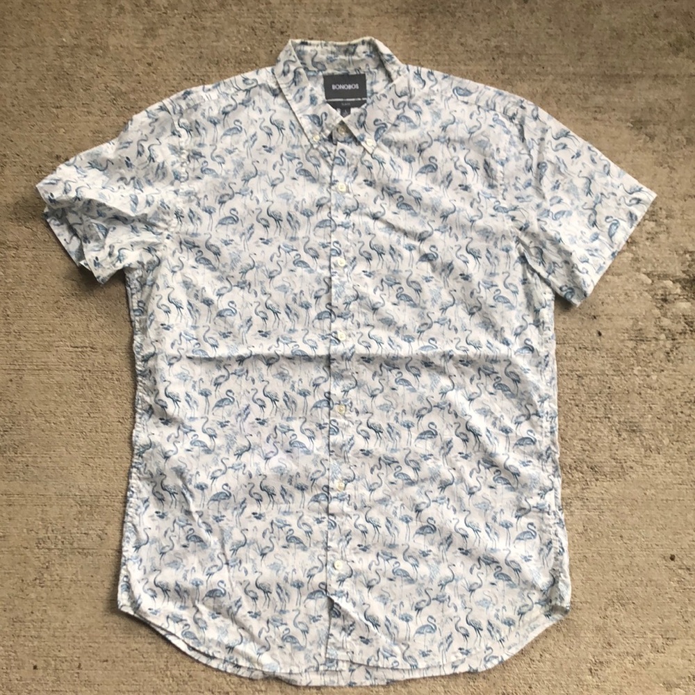 Bonobos Slim Shirt Large Long White Blue Flamingos